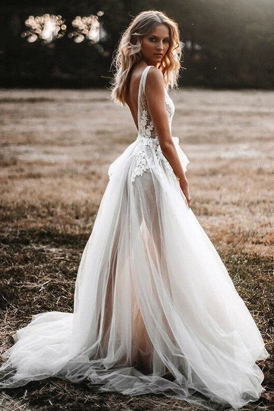 Deep V Neck Sleeveless Lace Appliques Luxury Wedding Dress TANYA BRIDAL Deep V Neck Sleeveless Lace Appliques Luxury Wedding Dress TANYA BRIDAL