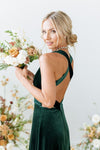 Green Velevt Long Cross Back Bridesmaid Dress