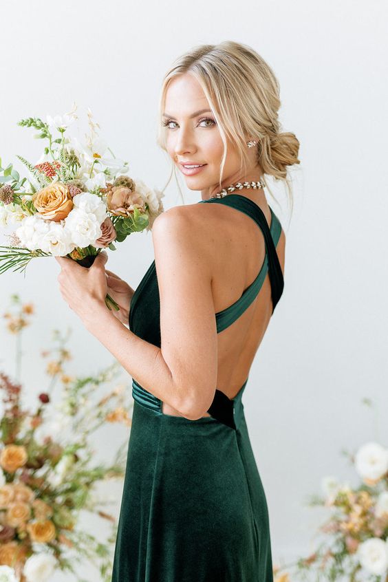 Green Velevt Long Cross Back Bridesmaid Dress TANYA BRIDAL Green Velevt Long Cross Back Bridesmaid Dress TANYA BRIDAL