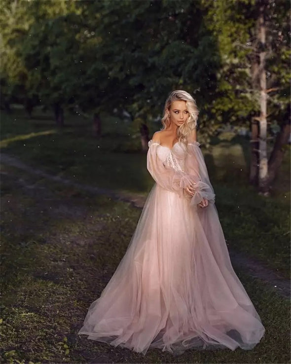 Dusty Pink A Line Wedding Dresses With Detachable Puff Long Sleeves