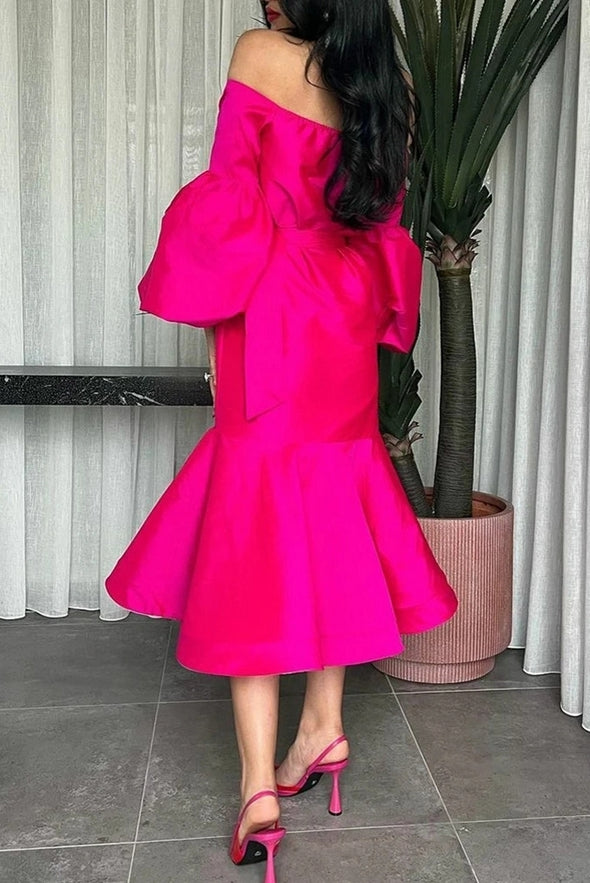 Hot Pink Mermaid Puffy Sleeve Satin Evening Dresses