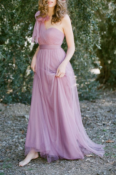 One Shoulder Pink Tulle Bridesmaid Dresses