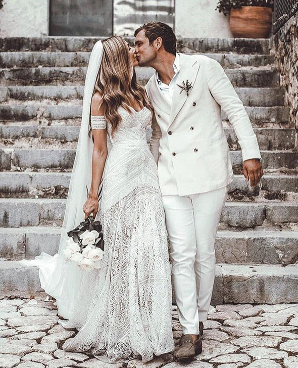 Unique Lace A Line Nude Lining Long Wedding Dresses TB1400