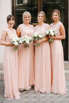 A Line Long Chiffon Peach Pink Bridesmaid Dresses Party Gown