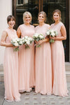 A Line Long Chiffon Peach Pink Bridesmaid Dresses Party Gown