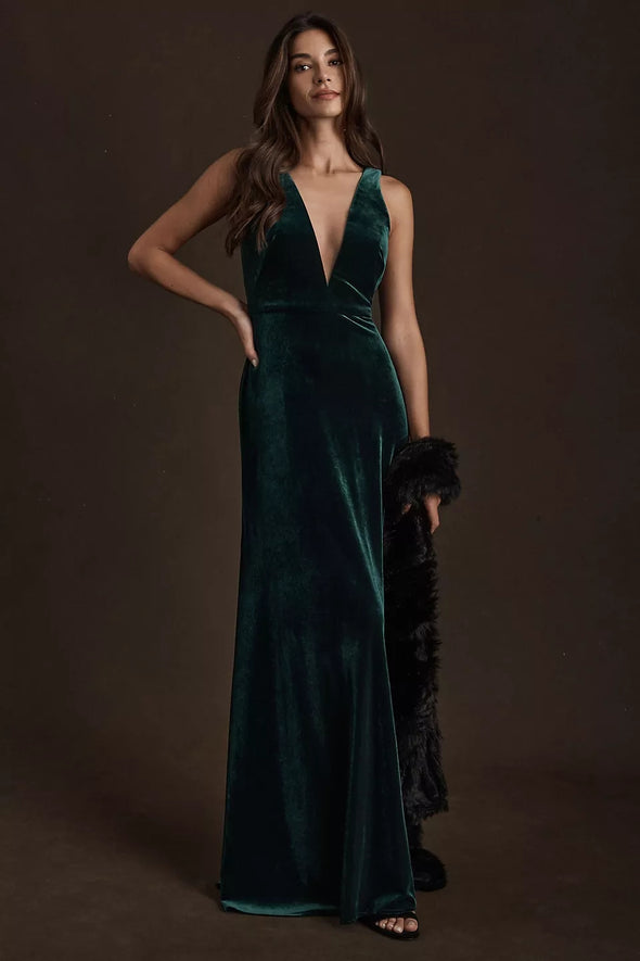 Dark Green V Neck A Line Simple Velvet Evening Dresses