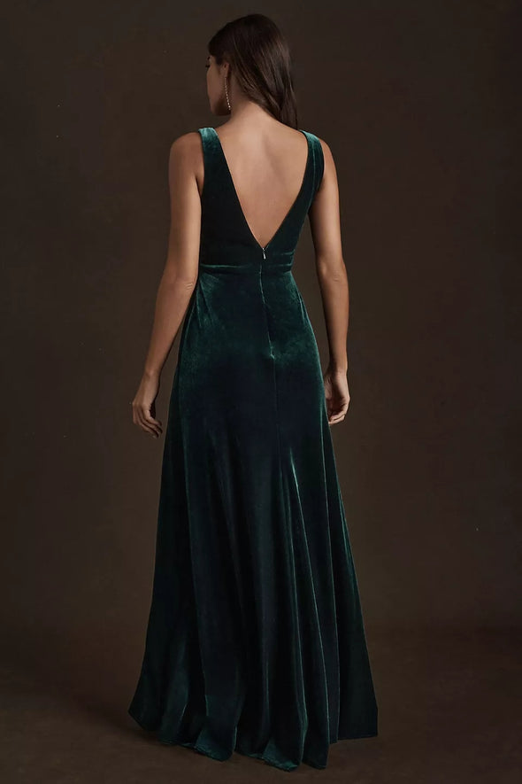 Dark Green V Neck A Line Simple Velvet Evening Dresses