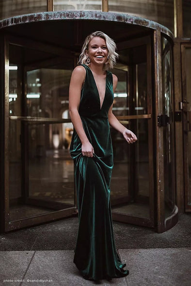 Dark Green V Neck A Line Simple Velvet Evening Dresses