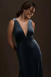 French Blue V Neck A Line Simple Velvet Evening Dresses