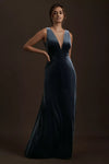 French Blue V Neck A Line Simple Velvet Evening Dresses
