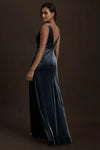 French Blue V Neck A Line Simple Velvet Evening Dresses