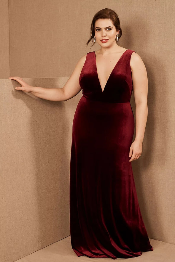 Dark Berry V Neck A Line Simple Velvet Bridesmaid Dresses