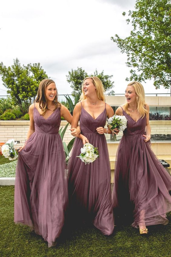 A Line Tulle Long Bridesmaid Dresses