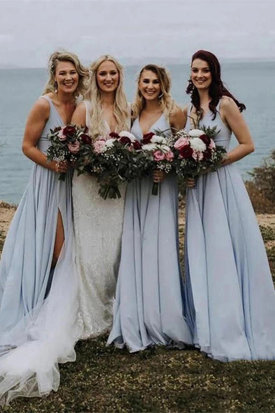 V Neck Dusty Long Chiffon Simple Bridesmaid Dresses