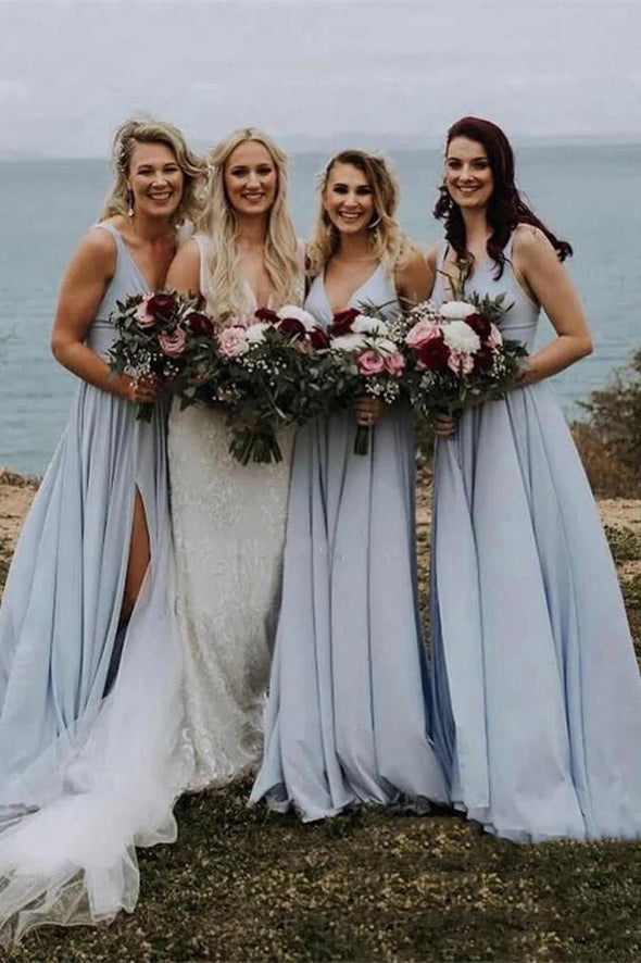 V Neck Dusty Long Chiffon Simple Bridesmaid Dresses
