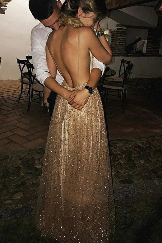 Sparkly Plunge V-neck Sequins Long Prom Dress Backless TB1346