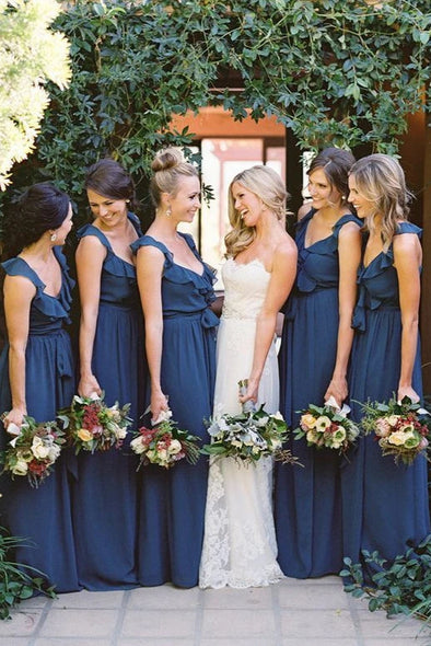 Ruffles V-neck Sleeveless Royal Blue Long Bridesmaid Dresses