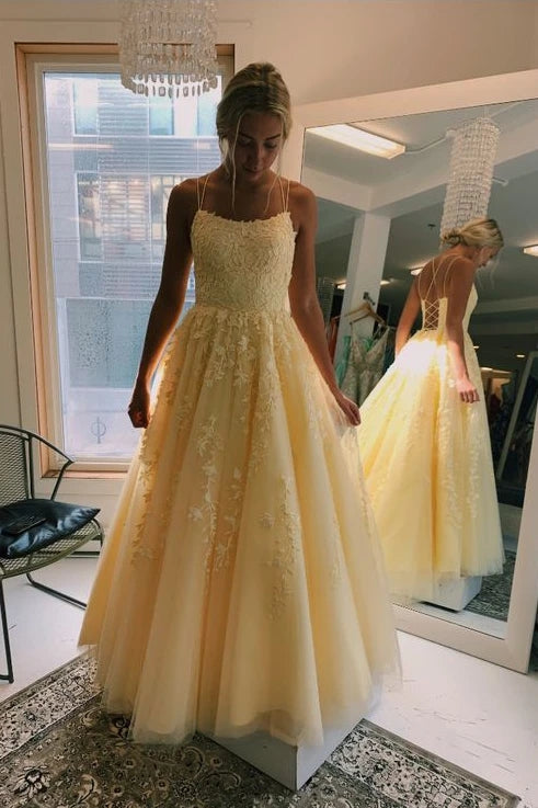 A-Line Tulle Long Prom Dresses With Appliques