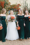 Green Lace Off Shoulder A Line Chiffon Bridesmaid Dresses long sleeves