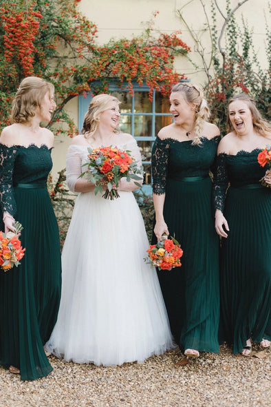 Green Lace Off Shoulder A Line Chiffon Bridesmaid Dresses