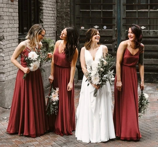 Brick Red Bridesmaid Dresses A Line Long Chiffon Wedding Guest Party Dress