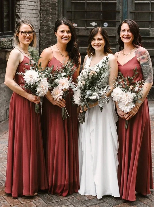 Brick Red Bridesmaid Dresses A Line Long Chiffon Wedding Guest Party D – TANYA BRIDAL