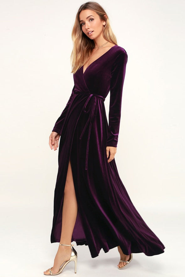 Winter V Neck Full Sleeves A Line Velvet Women Evening Dress