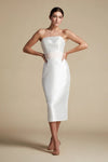 Tea Length Sheath Satin Wedding Dresses With Detachable Sleeve  ZW834