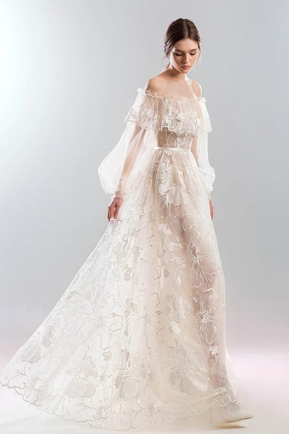 Floral Lace A Line Boho Wedding Dresses Long Sleeve Romantic Chic ZW743
