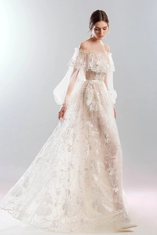 Floral Lace A Line Boho Wedding Dresses Long Sleeve Romantic Chic ZW74 TANYA BRIDAL Floral Lace A Line Boho Wedding Dresses Long Sleeve Romantic Chic ZW74 TANYA BRIDAL
