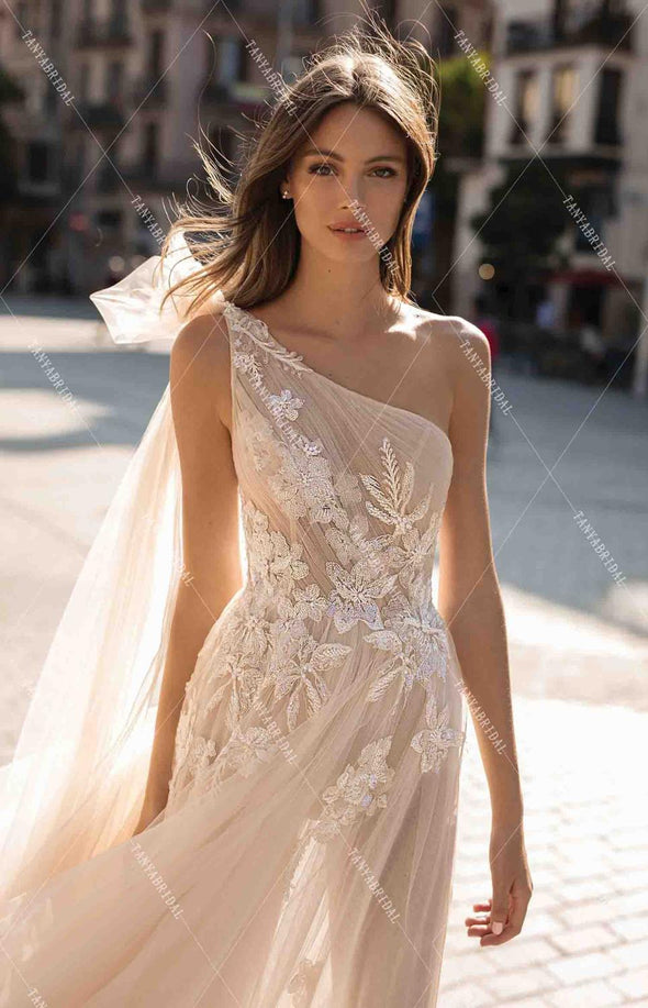 Luxury Champagne One Shoulder Sexy Boho Bridal Gowns DW420