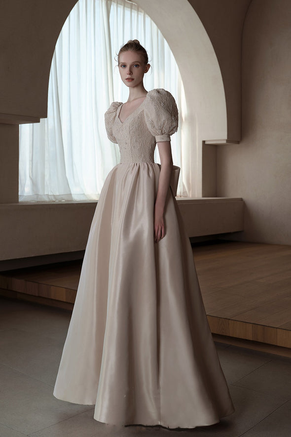 A Line Satin Vintage Champagne Puff Sleeve Wedding Dresses ZW835