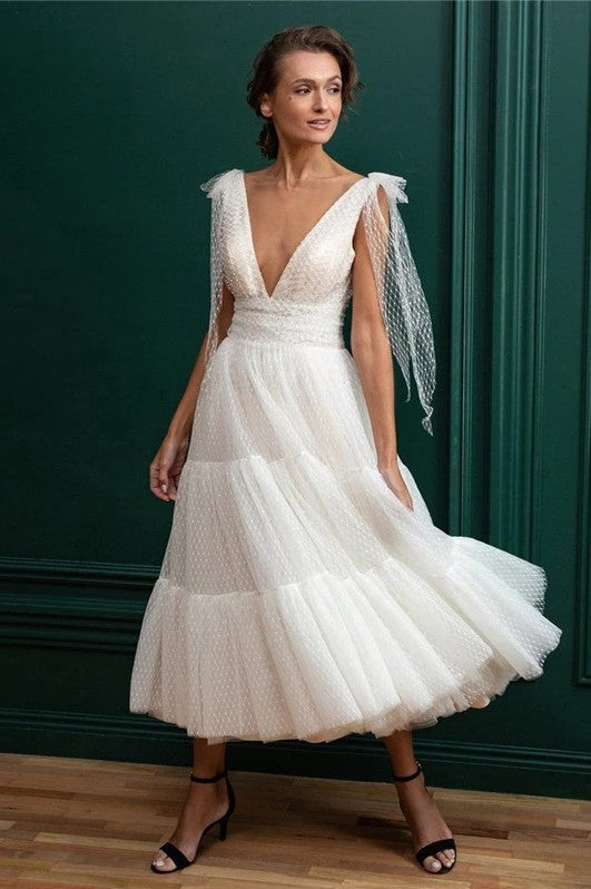 Dot Tulle A Line V Neck Tea Length Short Vintage Wedding Gown