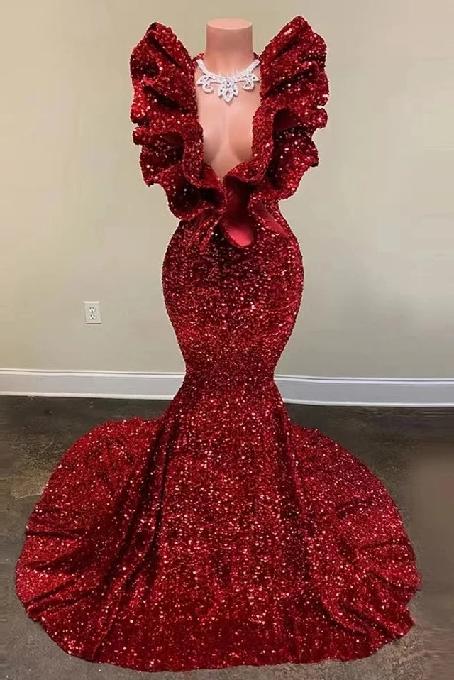Sexy Burgundy Sequins Ruffles V Neck Mermaid Prom Dresses TANYA BRIDAL Sexy Burgundy Sequins Ruffles V Neck Mermaid Prom Dresses TANYA BRIDAL
