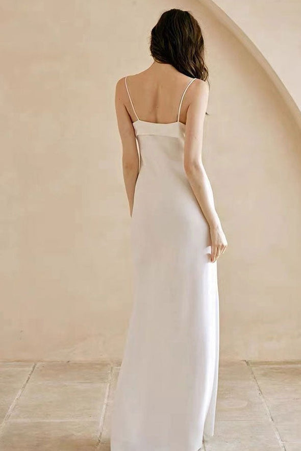 Simple Satin Sheath Long Wedding Dress Bow Neck