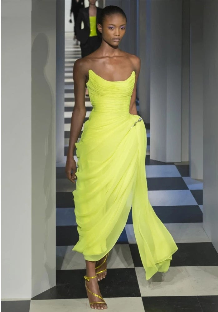 Fashion Lemon Yellow Chiffon Pleated Prom Dresses TANYA BRIDAL Fashion Lemon Yellow Chiffon Pleated Prom Dresses TANYA BRIDAL