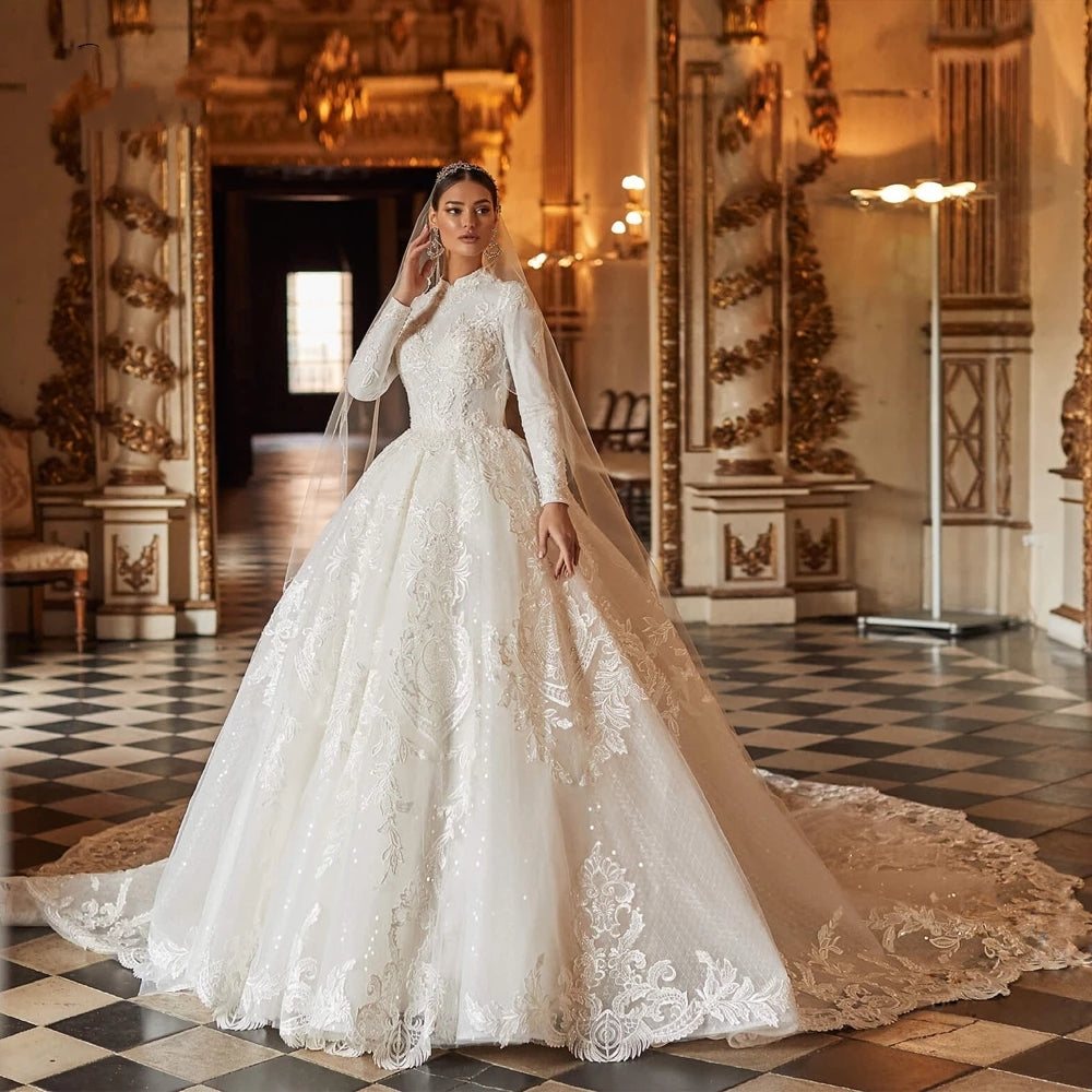 long sleeve wedding dress with collar Gorgeous High Collar Long Sleeves A-Line Lace Wedding Dresses with Chapel Train