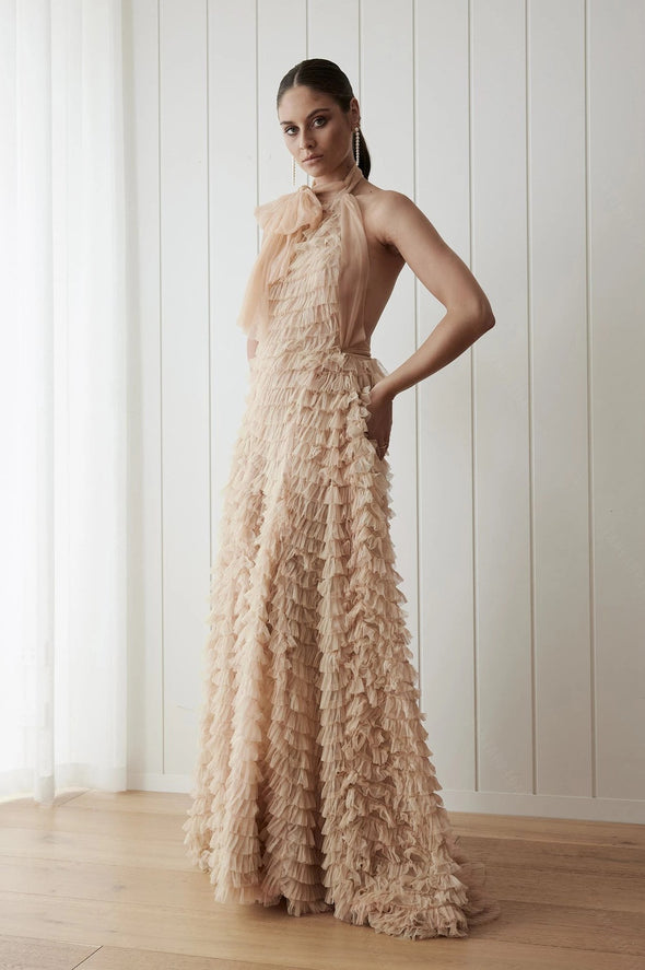 Champagne Tired Tulle Halter Backless Layered A-Line Boho Bridal Gowns DW678