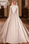 Muslim White Long Sleeves Wedding Dresses High Neck Chapel Train