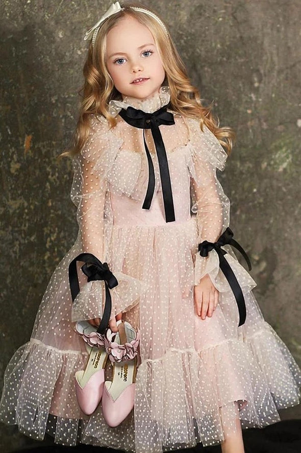 Polka-dot Tulle Flower Girl Dresses Illusion Long Sleeves