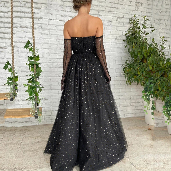 Black Sequins Tulle Prom Dresses With Shawl