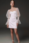 Plisse Tulle Short Wedding Dresses Long Puff Sleeve DW657