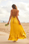 High Low Yellow Beach Ruffles Prom Dress Cross Back