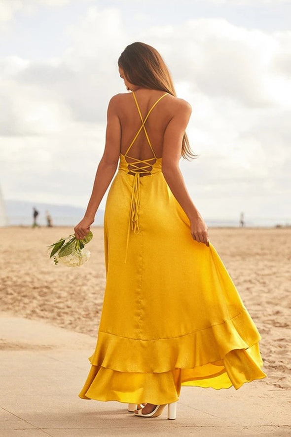 High Low Yellow Beach Ruffles Prom Dress Cross Back