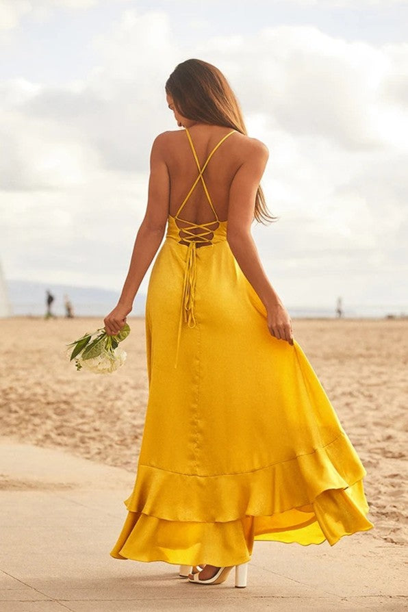 High Low Yellow Beach Ruffles Prom Dress Cross Back TANYA BRIDAL