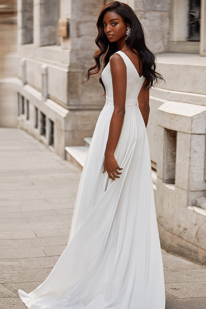 White Evening Dress A Line V Neck Side Slit Prom Gown TANYA BRIDAL White Evening Dress A Line V Neck Side Slit Prom Gown TANYA BRIDAL