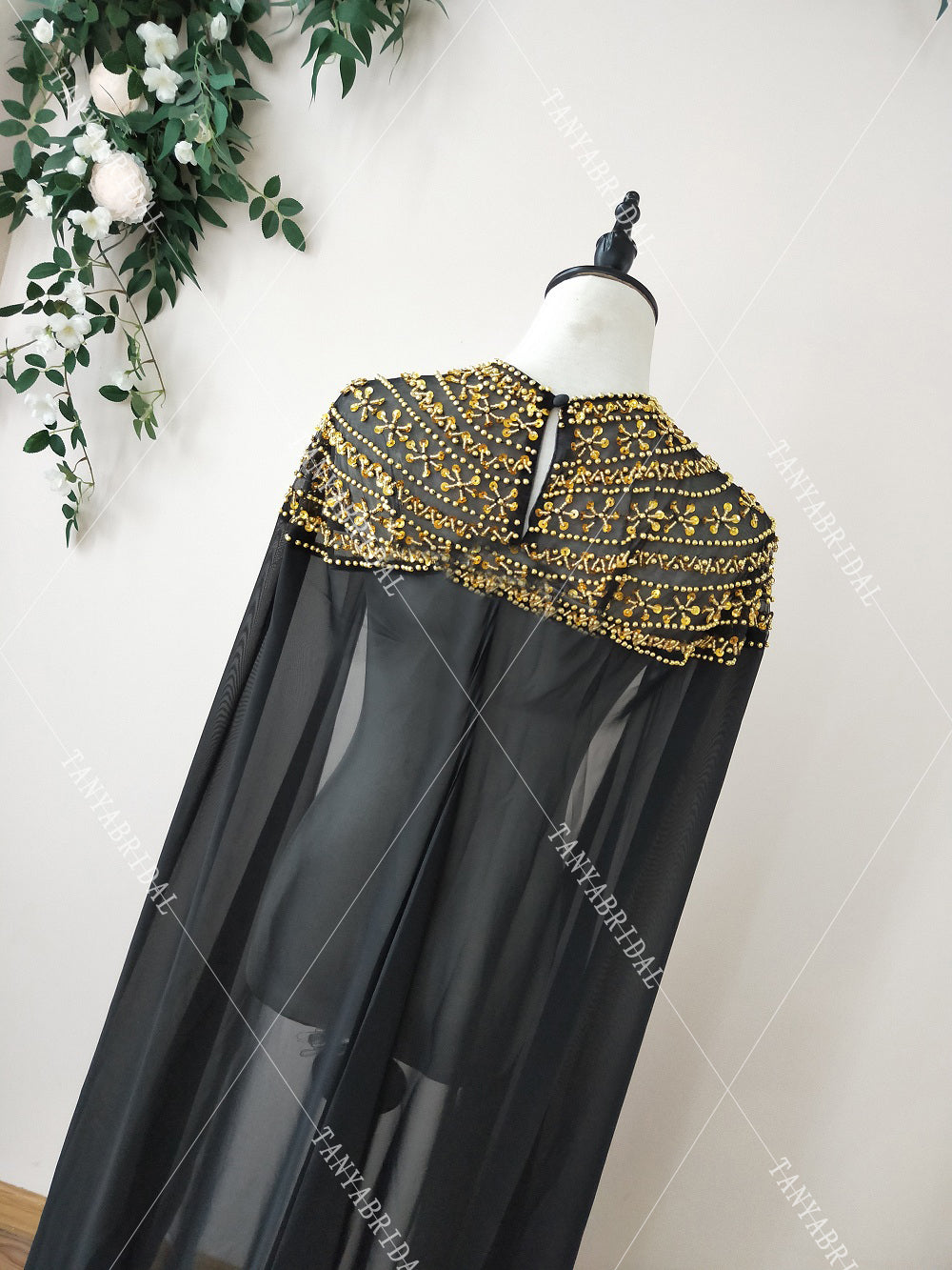 Black Luxury Beaded Wedding Cape Gold Beads Fashion Bridal Shawl Afrca TANYA BRIDAL Black Luxury Beaded Wedding Cape Gold Beads Fashion Bridal Shawl Afrca TANYA BRIDAL