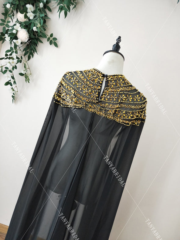 Black Luxury Beaded Wedding Cape Gold Beads Fashion Bridal Shawl Afrcan Event Evening Accessories Long Cape DJ131