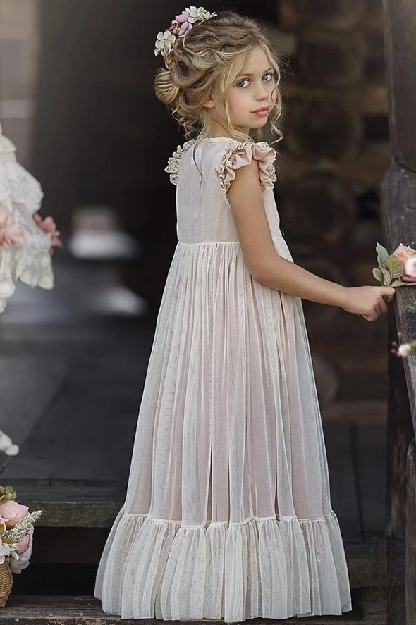 Vintage Pink Flower Girl Dress Lace Two Pieces