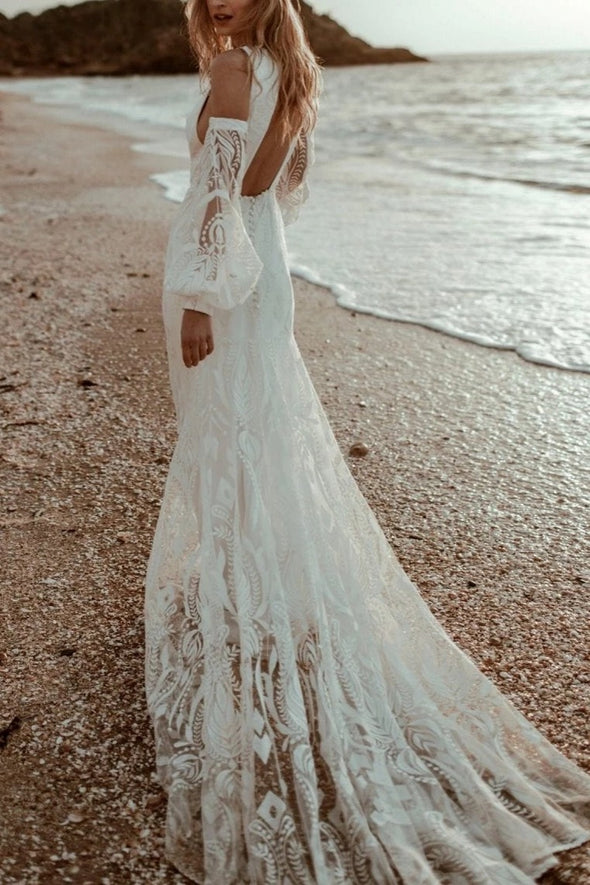 Bohemian Open Back Detachable Sleeve Mermaid Lace Wedding Dress